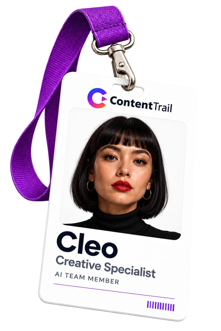 Cleo’s ContentTrail ID badge on a purple lanyard