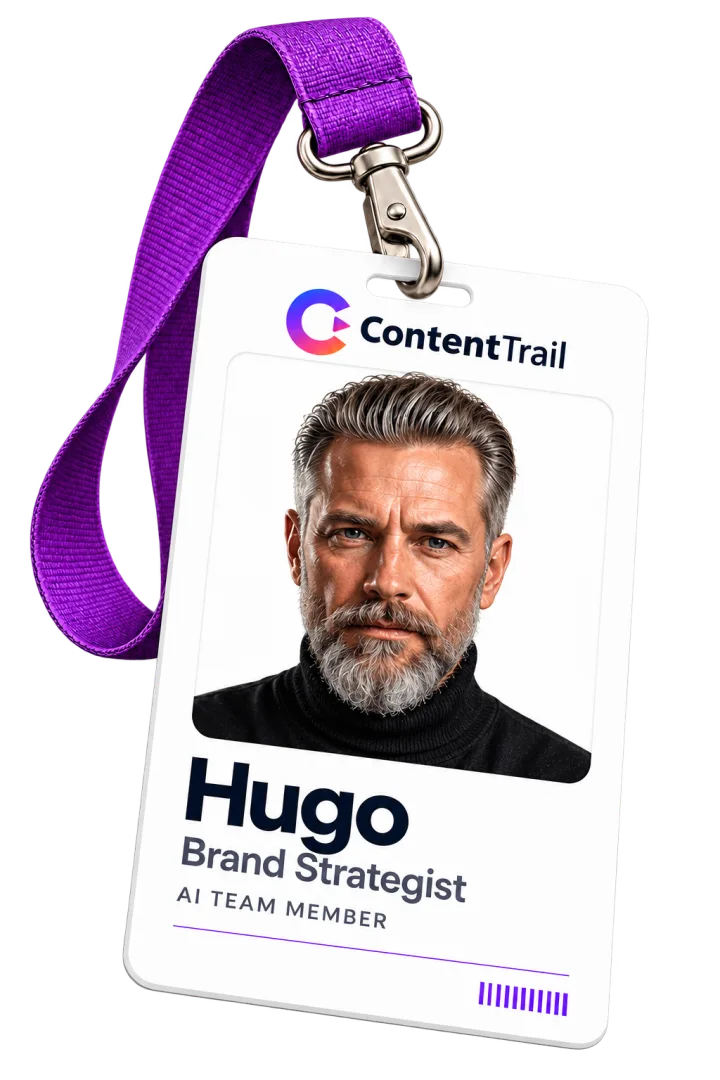 Hugo’s ContentTrail ID badge on a purple lanyard