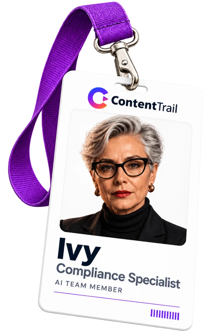 Ivy’s ContentTrail ID badge on a purple lanyard