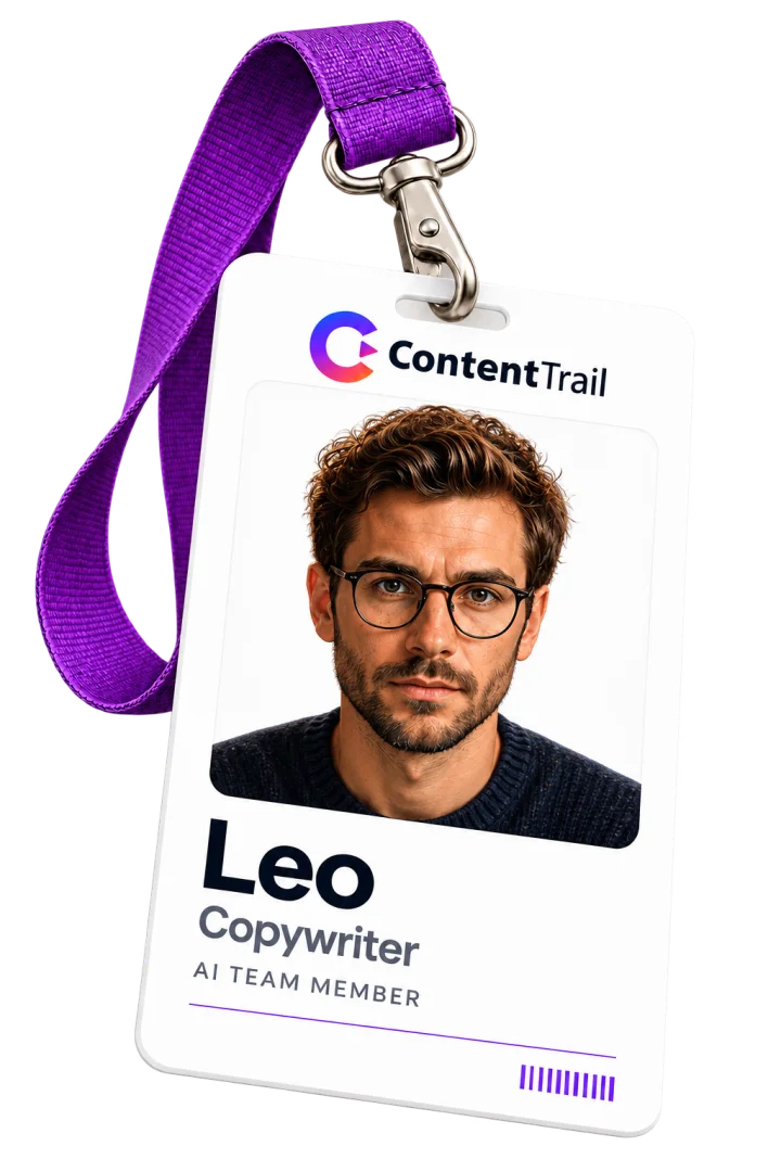 Leo’s ContentTrail team badge on a purple lanyard