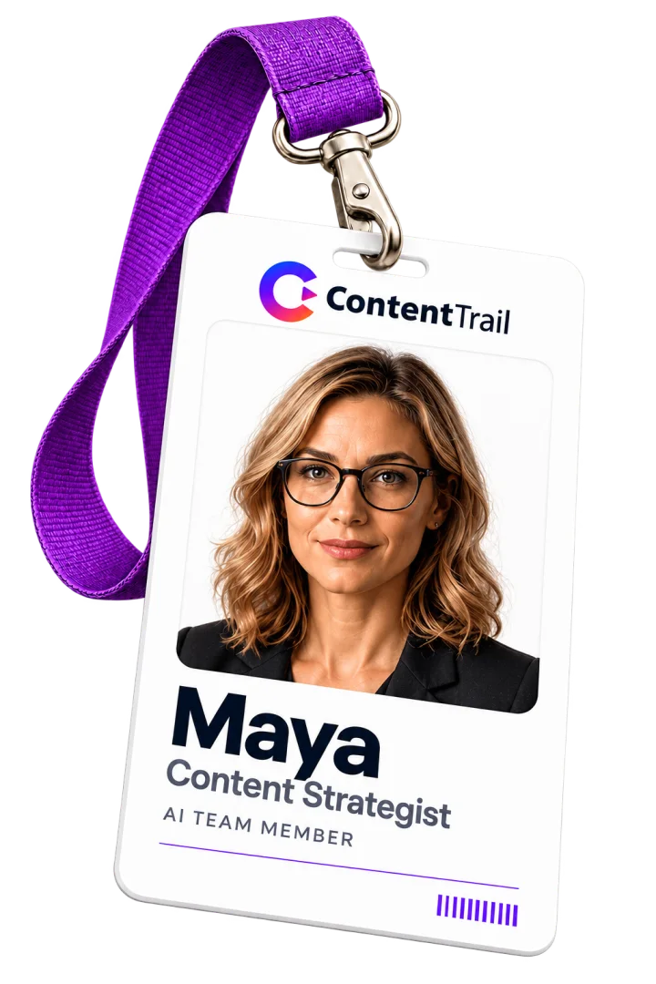 Maya’s ContentTrail ID badge on a purple lanyard