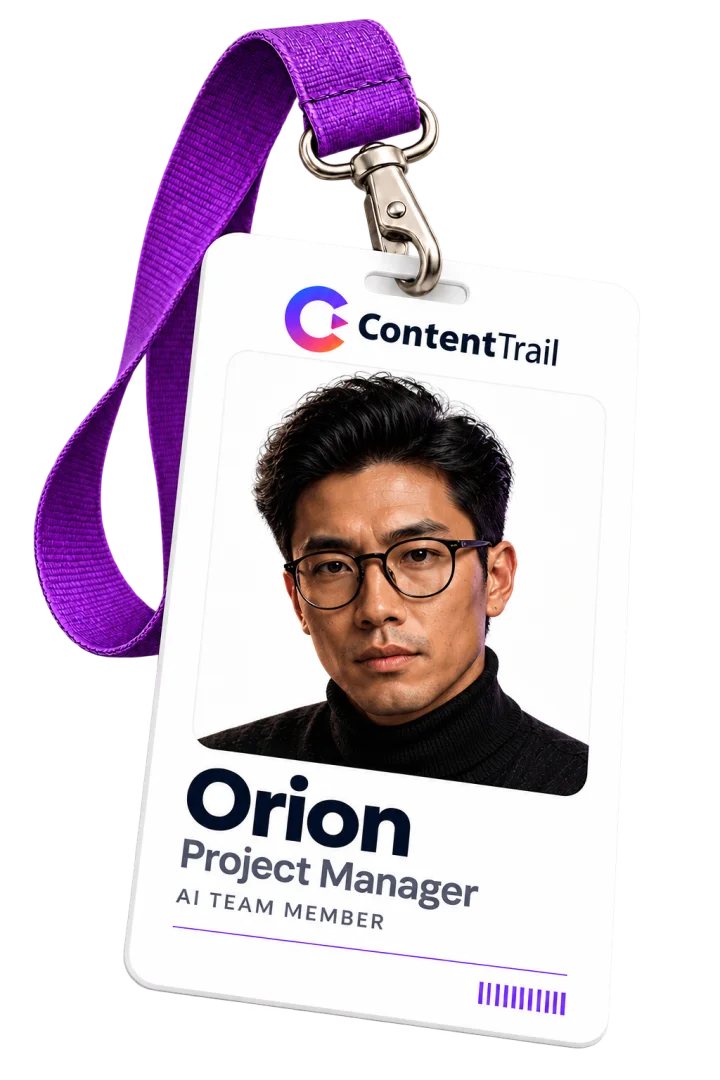 Orion’s ContentTrail ID badge on a purple lanyard