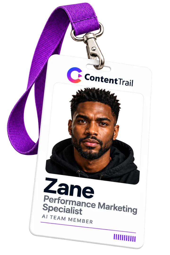 Zane’s ContentTrail ID badge on a purple lanyard