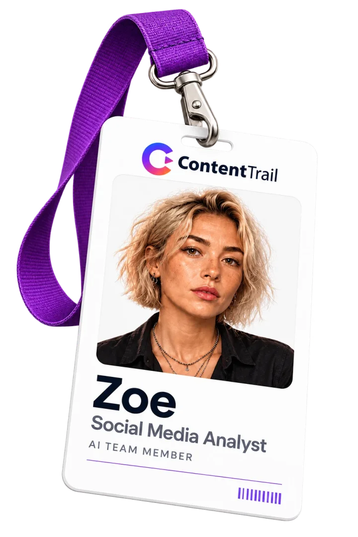 Zoe’s ContentTrail ID badge on a purple lanyard